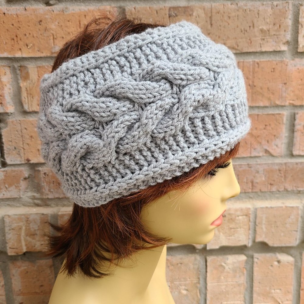 Handmade Women's Cable Knit Headband Light Gray Sparkling One Size